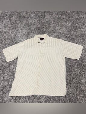 Toscano 100%‎ Silk Short Sleeve Button-up Beige Geometrical Quite Luxury